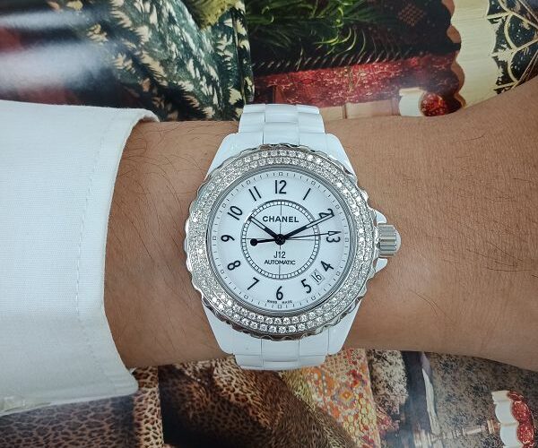 台中流當手錶 手錶拍賣 原裝 CHANEL 香奈兒 J12 38mm 陶瓷 雙鑽圈 自動 女錶 9成5新 特價出清 KR012